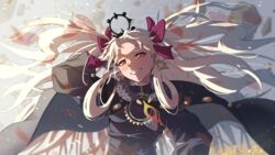  black_dress blonde_hair dress earrings ereshkigal_(fate) ereshkigal_alter_(fate) fate/grand_order fate_(series) female forehead hair_ribbon highres jewelry orange_eyes red_ribbon ribbon smile solo user_xvxh2273 