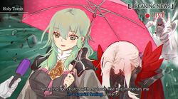  2girls alternate_hair_color armor blurry blurry_background blush byleth_(female)_(fire_emblem) byleth_(fire_emblem) commentary couple covering_face dragon edelgard_von_hresvelg embarrassed english_commentary english_text enlightened_byleth_(female) fire_emblem fire_emblem:_three_houses flame_emperor gloves green_eyes green_hair grey_hair head_down holding holding_umbrella long_hair medium_hair meme microphone multiple_girls roaring shared_umbrella special_feeling_(meme) spoilers the_immaculate_one umbrella white_hair yencatx yuri 