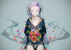  absurdly_long_hair alternate_hair_color alternate_hairstyle blue_eyes blue_flower bouquet breasts chromatic_aberration commentary_request female flower hair_rings hatsune_miku headphones holding holding_bouquet holding_flower long_hair long_sleeves looking_at_viewer low_twintails medium_breasts oguchi orange_flower parted_bangs petals photoshop_(medium) pink_flower purple_hair red_flower sitting smile solo twintails very_long_hair vocaloid yellow_flower 