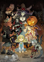  2girls 3boys animal_ears artist_name barefoot baseball_cap black_dress black_footwear black_hoodie black_legwear blonde_hair blue_eyes blue_skirt blue_vest bow breasts brown_footwear bug checkered_footwear cleavage colored_sclera cross curly_hair demizu_posuka demon_boy demon_horns demon_wings dress drill_hair english_text fake_animal_ears fake_horns formal ghost halloween halloween_costume happy_halloween hat high_heels holding holding_clothes hood hoodie horns inverted_cross jack-o&#039;-lantern jacket jewelry long_hair long_sleeves medium_breasts monster multiple_boys multiple_girls mummy necklace oerba_yun_fang open_mouth original pantyhose pendant pink_bow purple_hair purple_jacket purple_suit red_footwear sharp_teeth shirt shoes short_sleeves sitting skirt skull_necklace skull_print smile sneakers spider suit surrounded tail teeth toilet_paper vest wariza werewolf white_dress white_shirt wings witch witch_hat wolf_tail yellow_eyes yellow_sclera 