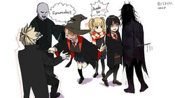  3boys 3girls black_footwear black_hair black_pantyhose black_socks blonde_hair brown_hair closed_eyes copyright_name cosplay crossover full_body ghost guazi harry_potter_(series) hat highres hogwarts_school_uniform kneehighs loafers long_hair mieruko-chan miniskirt multiple_boys multiple_girls necktie niguredou_julia open_mouth pantyhose pleated_skirt red_necktie scared scarf school_uniform shoes simple_background skirt socks sorting_hat speech_bubble standing twintails wand white_background wizard_hat wizarding_world yellow_eyes yotsuya_miko yurikawa_hana 