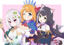  3girls animal_ear_fluff animal_ears antenna_hair ascot bare_shoulders black_hair blue_eyes blush breast_press breasts cat_ears cat_girl elf eyes_visible_through_hair flower frills gloves green_eyes hair_between_eyes hair_flower hair_ornament hands_on_another&#039;s_shoulders highres holding holding_another&#039;s_arm index_finger_raised karyl_(princess_connect!) kokkoro_(princess_connect!) long_hair long_sleeves medium_breasts multicolored_hair multiple_girls oerba_yun_fang one_eye_closed open_mouth orange_hair outside_border pecorine_(princess_connect!) pointy_ears princess_connect! puffy_long_sleeves puffy_sleeves purple_background red_ascot red_eyes shimon_(31426784) short_hair simple_background skin_fang smile streaked_hair tail tiara white_gloves white_hair wide_sleeves 