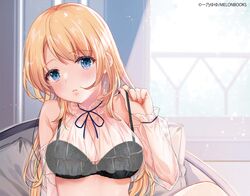  absurdres adjusting_clothes adjusting_strap bare_shoulders black_bra blonde_hair blue_eyes blush bra breasts cleavage female hand_up head_tilt highres indoors long_hair looking_at_viewer medium_breasts melonbooks original parted_lips see-through sitting solo underwear yu_yu 