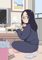  absurdres aqua_socks aragon_honnin black_hair blue_eyes blue_pajamas blue_pants blue_shirt blush book carpet chopsticks closed_mouth commentary_request day female food from_side full_body glasses grey-framed_eyewear highres holding holding_chopsticks holding_food indoors jar long_sleeves looking_at_viewer looking_back magazine_(object) nissin_cup_noodle original oversized_eyewear painting_(object) pajamas pants photo_(object) picture_frame pink_socks plate polka_dot_socks semi-circular_eyewear shirt sitting smile socks solo steam tareme television trash trash_can unworn_socks window 