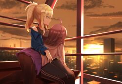  2girls ahoge blonde_hair building city cloud cloudy_sky commentary facing_away ferris_wheel_interior highres jacket long_hair love_live! love_live!_nijigasaki_high_school_idol_club lying_on_lap medium_hair miyashita_ai multiple_girls orein outdoors pants pantyhose pink_hair ponytail shirt sitting skirt sky sun sunset t-shirt tank_top tennoji_rina yellow_eyes yuri 