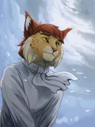  2021 aidan_(sryer) anthro cheek_tuft clothed clothing digital_media_(artwork) ear_tuft eurasian_lynx facial_tuft felid feline fur hi_res lynx male mammal novikjpg smile solo tuft yellow_eyes 