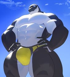  2022 5_fingers abs absurd_res anthro asking asking_for_status asking_viewer ass belly big_bulge big_deltoids big_muscles black_body black_clothing black_skin black_speedo black_swimwear black_tail blue_background blue_eyes blue_sky bottomwear bright bulge cetacean closed_smile clothed clothed_anthro clothed_male clothing cloud colored countershade_arms countershade_belly countershade_body countershade_face countershade_fingers countershade_hands countershade_legs countershade_torso countershading cxcxxcxxxx day deltoids detailed_background dialogue digital_media_(artwork) dolphin english_text facial_markings featureless_fingers fingers forearm_muscles foreshortening glistening glistening_arms glistening_belly glistening_body glistening_bottomwear glistening_chest glistening_clothing glistening_eyes glistening_face glistening_fingers glistening_hands glistening_neck glistening_scales glistening_speedo glistening_swimwear glistening_water hand_on_side hands_at_side hands_on_hips hands_on_sides head_down head_markings hi_res humanoid_hands latissimus_dorsi light looking_down low-angle_view male male_anthro mammal marine markings mouth_closed multicolored_body multicolored_bottomwear multicolored_clothing multicolored_skin multicolored_swimwear muscular muscular_anthro muscular_male navel obliques oceanic_dolphin offscreen_character orca outside pecs perspective perspective_shot portrait pupils quads question round_head scale_markings scales serratus shaded simple_background skimpy sky small_head smile snout solo speech_line speedo speedo_only spots spotted_face spread_legs spreading square_jaw standing sunlight swimwear swimwear_only tail talking_to_viewer tall tall_anthro text thick_arms thick_neck thick_tail thick_thighs three-quarter_portrait three-quarter_view tight_bottomwear tight_clothing tight_speedo tight_swimwear toothed_whale topless topless_anthro topless_male trapezius triceps two_tone_body two_tone_clothing two_tone_skin two_tone_speedo two_tone_swimwear warm_lighting water wet wet_bottomwear wet_clothing wet_speedo wet_swimwear white_body white_chest white_skin white_text wide_stance worried yellow_bottomwear yellow_clothing yellow_speedo yellow_swimwear yes-no_question 