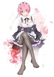  absurdres alternate_breast_size black_pantyhose blood blush breasts crossed_legs detached_sleeves eyes_visible_through_hair female hair_ornament hair_over_one_eye hair_ribbon highres looking_at_viewer maid maid_headdress medium_breasts no_shoes olivia66949612 pantyhose pink_hair pink_ribbon ram_(re:zero) re:zero_kara_hajimeru_isekai_seikatsu red_eyes ribbon ribbon-trimmed_clothes ribbon_trim roswaal_mansion_maid_uniform short_hair sitting smile solo x_hair_ornament 