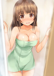  :d bare_arms bare_shoulders blunt_bangs blush breasts cleavage closed_eyes collarbone commentary_request cowboy_shot door duplicate female highres indoors kageira long_hair medium_breasts naked_towel nose_blush open_door open_mouth original pixel-perfect_duplicate round_teeth shiny_skin smile solo standing steam tareme teeth thigh_gap towel water 