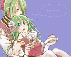  1boy arch_bishop_(ragnarok_online) arm_around_neck blue_eyes blush bow breasts cake cake_slice cleavage_cutout closed_eyes clothing_cutout coat commentary_request couple cross dress earrings eyes_visible_through_hair feet_out_of_frame female flower food fork green_hair hair_between_eyes hair_flower hair_ornament hairbow high_priest_(ragnarok_online) holding holding_fork holding_plate jewelry juliet_sleeves layered_clothes long_hair long_sleeves medium_breasts medium_hair multicolored_coat open_mouth pink_bow plate pointy_ears puffy_sleeves purple_background ragnarok_online red_bow red_coat sash straight stud_earrings thighhighs tsuki_miso two-tone_coat two-tone_dress white_coat white_dress white_flower white_legwear yellow_sash 