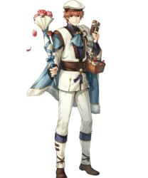  1boy alternate_costume argon_(exys) basket belt boots bouquet cape conrad_(fire_emblem) conrad_(valentine)_(fire_emblem) fire_emblem fire_emblem_echoes:_shadows_of_valentia fire_emblem_heroes flower full_body fur_trim gift hat highres leaf male_focus official_art orange_eyes orange_hair solo transparent_background 