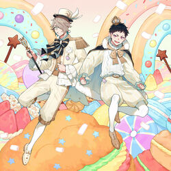  2boys :d anjou_(mzm) black_hair blue_eyes brown_footwear brown_hair cape clenched_hand crown dessert doughnut epaulettes food fruit glasses hat highres holding holding_wand kousaka_(mzm) macaron male_focus marshmallow mini_crown monsterz_mate multiple_boys official_art open_mouth pants pink_eyes pocket_square shirt short_hair smile strawberry sweets two-tone_cape virtual_youtuber wand white_footwear white_headwear white_legwear white_shirt yuu_(higashi_no_penguin) 