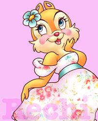  anthro beld blue_eyes blush chip_&#039;n_dale chipmunk clarice_(disney) clothed clothing disney dress english_text eyelashes female floral_dress flower fur ground_squirrel hand_on_cheek lottataro mammal open_mouth open_smile plant red_nose rodent sciurid simple_background smile tan_body tan_fur text 