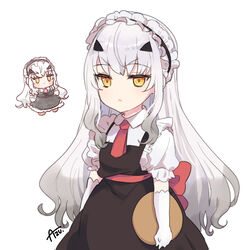  alternate_costume ascot azu_(kirara310) black_dress chibi closed_mouth commentary cosplay dress elbow_gloves enmaided expressionless fate/grand_order fate_(series) female frills gloves kobayashi-san_chi_no_maidragon long_hair maid maid_headdress melusine_(fate) orange_eyes puffy_short_sleeves puffy_sleeves short_sleeves sidelocks signature simple_background tohru_(maidragon) tohru_(maidragon)_(cosplay) tray white_background white_gloves white_hair 