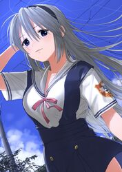  absurdres arm_behind_head bad_id bad_pixiv_id black_hairband blue_eyes blue_sky clannad commentary day dutch_angle female grey_hair hairband highres hikarizaka_private_high_school_uniform long_hair looking_at_viewer outdoors power_lines sakagami_tomoyo school_uniform see-through_silhouette short_sleeves sky solo turbo_engine_(rakugaki_tabo) 