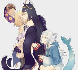  3girls black_hair blonde_hair blue_eyes closed_eyes commentary commission drink drinking drinking_straw drinking_straw_in_mouth english_commentary fins fish_tail gawr_gura gawr_gura_(1st_costume) grey_background grey_hair halo holding holding_drink hololive hololive_english hood hoodie hug kissing long_hair medium_hair meme multiple_girls ninomae_ina&#039;nis ninomae_ina&#039;nis_(1st_costume) otp_and_the_third_wheel_best_friend_(meme) shark_tail shion_(hachuumemhoe) squatting tail tail_raised tentacle tentacle_hair two_side_up virtual_youtuber watson_amelia watson_amelia_(1st_costume) yuri 