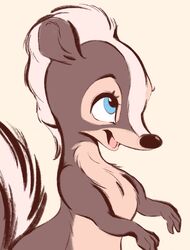  2020 anthro bambi_(film) blue_eyes brown_body brown_fur conditional_dnp disney female flower_(bambi) fur hi_res mammal mephitid open_mouth open_smile simple_background skunk smile solo tohupo white_body white_fur 