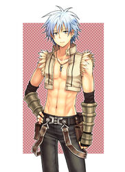  1boy alternate_color belt black_pants blue_hair brown_belt brown_gloves brown_shirt closed_mouth commentary_request cowboy_shot elbow_gloves fur-trimmed_shirt fur_trim gloves grey_eyes hand_on_own_hip jewelry looking_at_viewer male_focus navel necklace open_clothes open_shirt pants pouch ragnarok_online shirt short_hair sleeveless sleeveless_shirt smile solo suspenders toned toned_male tsuki_miso vambraces whitesmith_(ragnarok_online) 