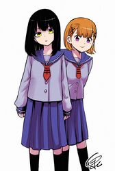  2girls :&gt; aged_down alternate_costume black_hair hair_ornament hairclip head_tilt highres izumi_(toubun_kata) looking_at_viewer medium_hair mieruko-chan multiple_girls official_art orange_hair pleated_skirt purple_eyes school_uniform serafuku simple_background skirt standing white_background yellow_eyes yotsuya_miko yurikawa_hana 