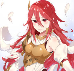  armor breastplate closed_mouth cordelia_(fire_emblem) cordelia_(resplendent)_(fire_emblem) feathers female fire_emblem fire_emblem_awakening fire_emblem_heroes hair_between_eyes haru_(nakajou-28) long_hair red_eyes red_hair simple_background solo upper_body 