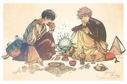  2boys black_hair brushbug commentary_request drink glasses globe hat highres light long_sleeves multiple_boys official_art olruggio_(tongari_boushi_no_atelier) qifrey_(tongari_boushi_no_atelier) shirahama_kamome short_hair sitting skirt tongari_boushi_no_atelier turtleneck white_hair 