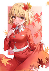  absurdres aki_shizuha azumake_(azumakei) blonde_hair blush border buttons clothes_lift cowboy_shot eyebrows_visible_through_hair female hair_between_eyes hair_ornament highres holding holding_leaf leaf leaf_hair_ornament lifted_by_self long_sleeves looking_at_viewer open_mouth red_skirt red_vest short_hair skirt skirt_lift smile solo touhou vest white_border yellow_eyes 