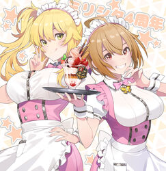  2girls :q absurdres ahoge alternate_hairstyle anniversary apron back_bow blonde_hair bow bowtie breasts brown_hair button_gap buttons closed_mouth collared_shirt commentary_request copyright_name dress emblem fingernails food frilled_apron frilled_dress frills fruit green_eyes grin hair_between_eyes hair_flaps hand_on_own_hip hand_up hands_up high_ponytail highres holding holding_tray hoshii_miki ibuki_tsubasa idolmaster idolmaster_(classic) idolmaster_million_live! idolmaster_million_live!_theater_days large_breasts light_blush long_hair looking_at_viewer machi_(machi333) maid_headdress multiple_girls nail_polish official_alternate_costume parfait patterned_background pink_bow pink_bowtie pink_dress pocket pretty_waitress_(idolmaster) puffy_short_sleeves puffy_sleeves red_eyes shirt short_hair short_sleeves side_ponytail sidelocks smile standing starry_background strawberry tongue tongue_out translated tray triangle underbust upper_body v waist_apron waitress white_apron white_background white_nails white_shirt wrist_cuffs 