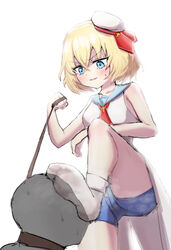  1boy bad_id bad_pixiv_id beret blonde_hair blue_eyes collar female femdom foot_on_another&#039;s_face hat highres jashin-chan_dropkick leash leash_pull lierre mini_hat sailor_collar see-through_silhouette shino_(yaruki_nai_yatsu) short_hair short_shorts shorts sleeveless smell smelling socks soles steam straight sweat sweatdrop white_background white_socks 