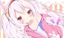  animal_ears azur_lane bad_face bare_shoulders camisole closed_mouth eyelashes fake_animal_ears female grey_hair hairband happy_birthday irokari jacket laffey_(azur_lane) light_blush long_hair long_sleeves looking_at_viewer off_shoulder open_clothes pink_jacket rabbit_ears red_eyes smile solo strap_slip twintails white_camisole 