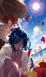  2boys 2girls :d ^_^ abs barbara_(genshin_impact) barbara_(summertime_sparkle)_(genshin_impact) bare_shoulders beach black_shorts blonde_hair blue_eyes blue_hair blue_sky blurry blurry_foreground bouquet closed_eyes cloud collarbone collared_shirt commentary dark-skinned_male dark_skin day depth_of_field diffraction_spikes diluc_(genshin_impact) drill_hair earrings eyepatch facing_away fisheye floating_hair flower genshin_impact glint hair_between_eyes hair_over_one_eye hand_on_own_hip happy hibiscus highres holding_hands jean_(genshin_impact) jean_(sea_breeze_dandelion)_(genshin_impact) jewelry kaeya_(genshin_impact) knee_up kokollet leg_up lens_flare light_rays long_hair looking_at_viewer looking_away looking_back male_swimwear medium_hair multicolored_hair multiple_boys multiple_girls navel ocean one_eye_covered open_clothes open_mouth open_shirt outdoors parted_bangs parted_lips petals ponytail red_eyes red_flower red_hair scar scar_on_chest scar_on_stomach shirt shorts sidelocks single_earring sitting sky sleeves_rolled_up smile standing standing_on_one_leg stomach streaked_hair sun sunlight swim_trunks twin_drills water white_shirt yellow_flower 