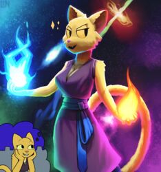  5_fingers absurd_res anthro breasts cleavage clothed clothing cosmic_background felid female fingers galaxy hi_res katia_managan khajiit lennoxicon long_tail magic magic_user mammal microsoft prequel_adventure solo standing star tail the_elder_scrolls 