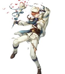  1boy abs alternate_costume argon_(exys) basket belt boots bouquet cape conrad_(fire_emblem) conrad_(valentine)_(fire_emblem) fire_emblem fire_emblem_echoes:_shadows_of_valentia fire_emblem_heroes flower full_body fur_trim gift hat highres leaf male_focus official_art open_mouth orange_eyes orange_hair petals solo teeth torn_clothes transparent_background 