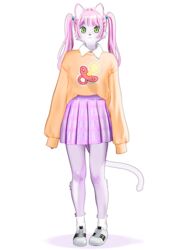  :3 anthro bottomwear catsnoot clothing domestic_cat felid feline felis female female_anthro footwear fur green_eyes hair kemono long_sleeves looking_at_viewer mammal pink_body pink_fur pink_hair shoes simple_background skirt smile sneakers socks solo standing sweater topwear twintails white_background 