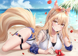  animal_ears arknights beach blonde_hair blurry blush breasts brown_eyes cleavage closed_mouth commission depth_of_field eyewear_on_head female flower full_body head_rest highres horse_ears horse_girl horse_tail jyu-so large_breasts long_hair long_sleeves looking_at_viewer nearl_(arknights) nearl_(shimmering_dew)_(arknights) official_alternate_costume one-piece_swimsuit outdoors petals pixiv_commission see-through smile solo sunglasses swimsuit tail thigh_strap thighs 