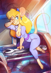  animal_ears ass barefoot belt blonde_hair blue_eyes blue_jumpsuit breasts chip_&#039;n_dale_rescue_rangers cleavage commentary day english_commentary female full_body furry furry_female gadget_hackwrench goggles goggles_on_head highres jumpsuit long_hair mechanic medium_breasts mini_person minigirl mouse_ears mouse_girl mouse_tail purple_jumpsuit snout solo spirale sweat tail tail_through_clothes wrench 