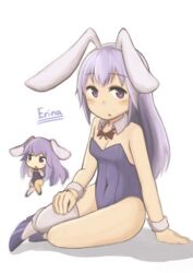  :o animal_ears bare_shoulders bow bowtie breasts character_name chibi commentary detached_collar erina_(rabi-ribi) female highres ike_rakune leotard long_hair looking_at_viewer multiple_views playboy_bunny purple_eyes purple_hair purple_legwear purple_leotard rabbit_ears rabbit_girl rabi-ribi red_bow red_bowtie shoes simple_background single_thighhigh sitting small_breasts thighhighs very_long_hair white_background white_legwear wrist_cuffs yokozuwari 