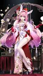  animal_ear_fluff animal_ears azur_lane bare_shoulders china_dress chinese_clothes chinese_new_year clothing_cutout dress eyes_visible_through_hair female flower full_body gloves green_eyes hair_flower hair_ornament hair_over_shoulder hairband hanazuki_(azur_lane) hanazuki_(blossoming_spring_resplendent_moon)_(azur_lane) highres lattice long_hair looking_at_viewer official_alternate_costume open_mouth parted_lips pelvic_curtain pink_footwear pink_gloves pink_hair pink_hairband red_gloves round_shelf shirokitsune solo tail teeth thighhighs upper_teeth_only white_dress white_thighhighs 