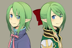  2boys acolyte_(ragnarok_online) alternate_color black_coat blue_capelet blue_eyes bow bowtie brown_background capelet closed_mouth coat commentary_request green_coat green_hair hairbow high_priest_(ragnarok_online) layered_clothes looking_at_viewer looking_to_the_side male_focus medium_hair multicolored_coat multiple_boys pink_bow pink_bowtie pointy_ears ragnarok_online red_bow simple_background smile tsuki_miso two-tone_coat upper_body white_coat 