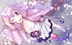  collarbone dress dutch_angle female flower hair_flower hair_ornament highres jacket long_hair pantyhose purple_eyes purple_hair purple_pantyhose sidelocks smile solo soon_(c-u-soon) twintails vocaloid yuzuki_yukari yuzuki_yukari_(onn) 