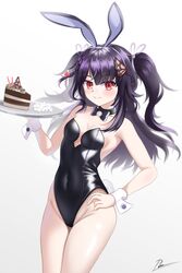  animal_ears black_hair black_leotard breasts cake cake_slice cleavage commentary_request detached_collar fake_animal_ears female food highres hitatsuphat leotard nijigen_project nika_linh_lan playboy_bunny rabbit_ears red_eyes smile solo strapless strapless_leotard thighs vietnamese_commentary virtual_youtuber 