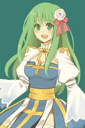  arch_bishop_(ragnarok_online) blue_dress blush bow breasts cleavage cleavage_cutout clothing_cutout commentary_request cowboy_shot cross dress female flower frilled_thighhighs frills green_background green_eyes green_hair hair_flower hair_ornament hairbow juliet_sleeves long_sleeves looking_at_viewer medium_breasts open_mouth pink_bow puffy_sleeves ragnarok_online sash simple_background smile solo thighhighs tsuki_miso two-tone_dress white_dress white_flower white_thighhighs yellow_sash 