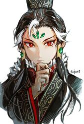  1boy aged_down black_hair eyeshadow fate/grand_order fate_(series) fingernails gem hair_ornament hand_on_own_chin highres looking_at_viewer makeup male_focus multicolored_hair portrait red_eyes red_nails robe sangzhujun sharp_fingernails shi_huang_di_(concept_design)_(fate) shi_huang_di_(fate) simple_background solo two-tone_hair white_background white_hair 