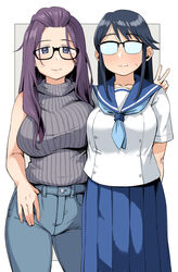  2girls bangs_pinned_back black_hair blue_eyes blue_neckerchief blue_sailor_collar blue_skirt blush breast_press breasts commentary crossover denim geso_smith glasses grey_sweater highres houkago_teibou_nisshi huge_breasts jeans kagamihara_sakura large_breasts long_hair look-alike multiple_girls neckerchief oono_makoto opaque_glasses pants pleated_skirt purple_hair ribbed_sweater sailor_collar school_uniform serafuku simple_background skirt sleeveless sleeveless_turtleneck standing sweat sweater trait_connection turtleneck turtleneck_sweater v yurucamp 