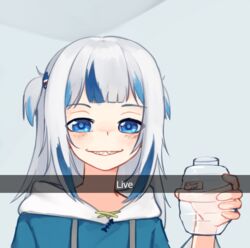  blue_eyes blue_hair blue_hoodie blunt_bangs bottle cumjar_(meme) female franzj gawr_gura gawr_gura_(1st_costume) grey_hair hand_up holding holding_bottle hololive hololive_english hood hood_down hoodie long_sleeves looking_at_viewer medium_hair meme multicolored_hair one_side_up sharp_teeth smile snapchat solo streaked_hair teeth virtual_youtuber yoako 