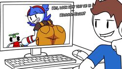  1boy 1boy1girl 1girls alpharad amazing_island ass ass_focus big_ass big_butt blue_hair brown_hair butt computer fat_ass fat_butt female fully_clothed huge_ass huge_butt jaiden jaiden_animations looking_back male semidraws text thick_ass thick_butt unknown_species video_call youtube youtuber youtuber_boy youtuber_girl 