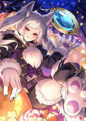  alternate_costume animal_ears animal_hands crossed_legs crystal female fire_emblem fire_emblem_awakening fire_emblem_heroes fur_trim gloves grima_(fire_emblem) halloween halloween_costume highres jack-o&#039;-lantern jacket lantern nakabayashi_zun night oerba_yun_fang paw_gloves paw_shoes red_eyes robin_(female)_(fire_emblem) robin_(female)_(halloween)_(fire_emblem) robin_(fire_emblem) shoes short_shorts shorts sitting smile solo twintails werewolf white_hair wolf_ears wolf_girl 