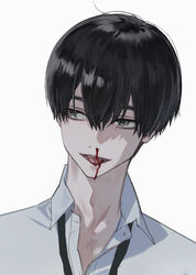  1boy bad_id bad_twitter_id black_hair blood collared_shirt grey_background grey_eyes grey_shirt hair_between_eyes hirota_tsuu licking_blood looking_to_the_side loose_necktie male_focus necktie nosebleed original portrait shirt simple_background smile solo usuzumi_kei wing_collar 