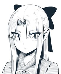  :&lt; blue_theme boa_(brianoa) bow closed_mouth eyes_visible_through_hair female hairbow highres kagetsu_tooya len_(tsukihime) looking_at_viewer melty_blood monochrome neck_ribbon parted_bangs pointy_ears portrait ribbon simple_background slit_pupils solo tsukihime white_background 