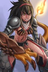  animal_hands armor black_bra black_hair bra breasts claws commentary criss-cross_halter dark-skinned_female dark_skin english_commentary female fighting_stance fishnet_legwear fishnets flame-tipped_tail grey_background grin hair_between_eyes hairband halterneck highres legs_apart maritan_(pixelmaritan) medium_breasts monster_girl monster_girl_encyclopedia monster_hunter_(series) motion_blur open_pants original pants pauldrons red_hairband salamander_(monster_girl_encyclopedia) scales shoulder_armor smile solo tail underwear yellow_eyes 