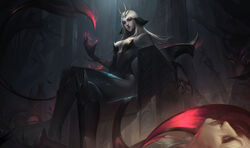  1other absurdres alternate_costume bare_shoulders black_skin blonde_hair boots breasts colored_skin corpse evelynn_(league_of_legends) feet_out_of_frame female from_below grey_skin hair_ornament hand_up highres knee_boots league_of_legends long_hair looking_at_viewer medium_breasts sitting smile solo_focus throne vincent_t_(oriaarts) 